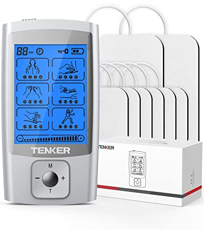 TENKER TENS Unit Muscle Stimulator, 24 Modes EMS Machine for Pain Relief Therapy/Pain Management, Rechargeable Electronic Pulse Massager with 2x2 and 2x4 Electrode Pads (Silver)