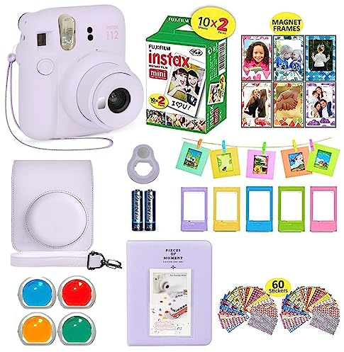 Fujifilm Instax Mini 12 Instant Camera Lilac Purple + Shutter Compatible Carrying Case + Fuji Film Value Pack (20 Sheets) + Shutter Accessories Bundle, Color Filters, Photo Album, Assorted Frames.