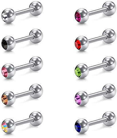 vcmart 10stk Zungenpiercing Set 1,6mm Chirurgenstahl 14G mit Kristall 12/14/16/18mm Verfügbar