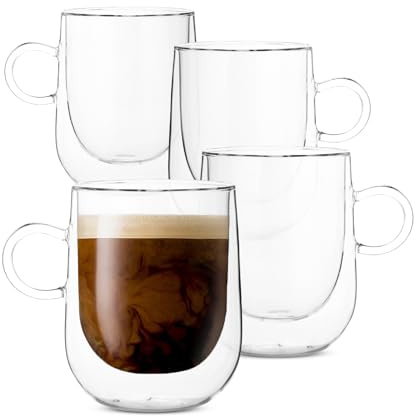 BTaT- Double Walled Glass Coffee Mugs, 12 oz, Set of 4, Glass Coffee Cups with Handle, Insulated Clear Coffee Mug for Hot and Cold Beverages, Cappuccino, Latte, Tea, Americano, Microwave Safe