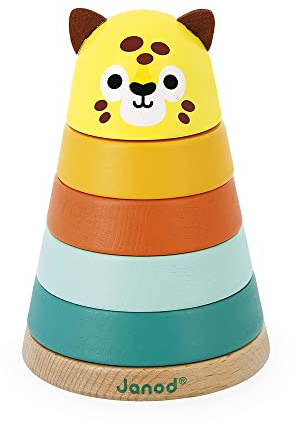 Janod - Jaguar Apilable Tropik - Juguete para Bebés de Madera - 5 Piezas Apilables - Juego Educativo Motricidad - Certificado FSC - Pintura al Agua - A Partir de 1 Año, J08261