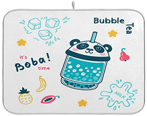 Alfombrilla de secado de platos de cocina, almohadilla protectora absorbente para vajilla de agua de doble cara, alfombrilla de estante de platos de 18 x 24 pulgadas, póster de menú de té de burbujas