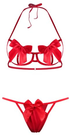 HOTSO Juego de lencería sexy para mujer, con corsé de encaje, tirantes, 2 piezas, corsé bordado para mujer y tanga, conjunto de pijama «babydoll», rojo, Talla única