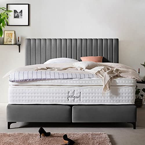 Boxspringbett Paris 180x200 Samt, mit Visco-Topper, Pfeifensteppung, Hotelbett, ohne Bettkasten, 7 Zonen Taschenfederkern-Matratze, Aufbau KOSTENLOS (Dunkelgrau, 180x200 cm mit Topper)