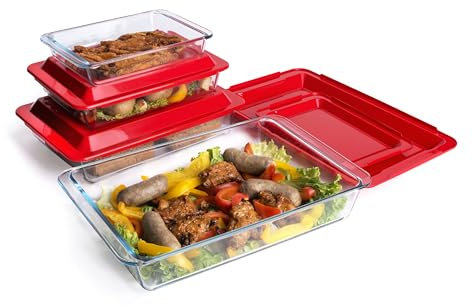 Set di 8 teglie rettangolari in vetro temperato con coperchio, teglia da forno in vetro, teglia da forno con coperchio, 1 l, 1,7 l, 2,8 l, 4,2 l