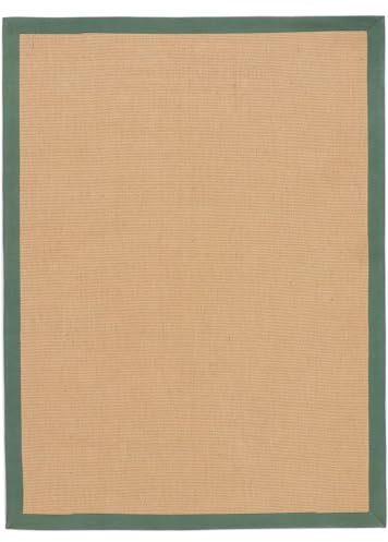 carpetfine Sisalteppich Naturfarbe 240x340 cm handgewebt mit Bordüre aus Baumwolle in Grün | Moderner Rutschfester Flachgewebeteppich Uni aus Naturfasern für Wohnzimmer, Schlafzimmer