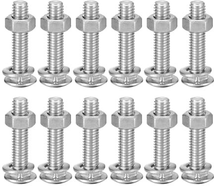 sourcing map M6x30mm Square Neck Carriage Bolts with Nuts & Washers, 12Set 304 Stainless Steel Round Head Square Neck Coach Bolt Screws, Silver Tone