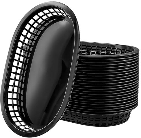 SOUJAP 24 PCS Black Plastic Fast Food Baskets, Large Oval Food Burger Baskets for Chip Hot Dogs Snacks Sandwiches, 27.4 x 17.5cm