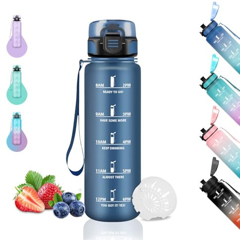 Gourde, 500ml Enfant, Graduée pour 1 Journee, Anti-Fuite, Bouteille d'eau pour Garçon & Fille, Gourde Graduée avec Slogan de Motivation, pour l'École, Voyage, Bureau, Velo, Bleu Marine