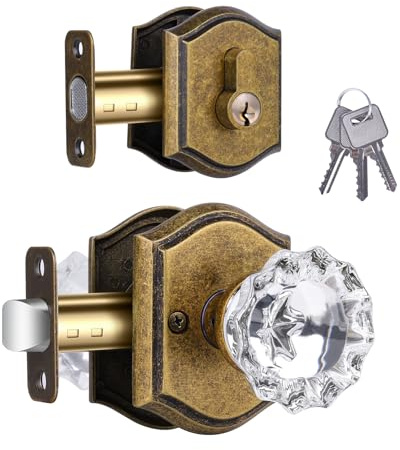 CLCTK Crystal Glass Passage Door Knob and Single Cylinder Deadbolt Combo Set, Antique Brass Finish