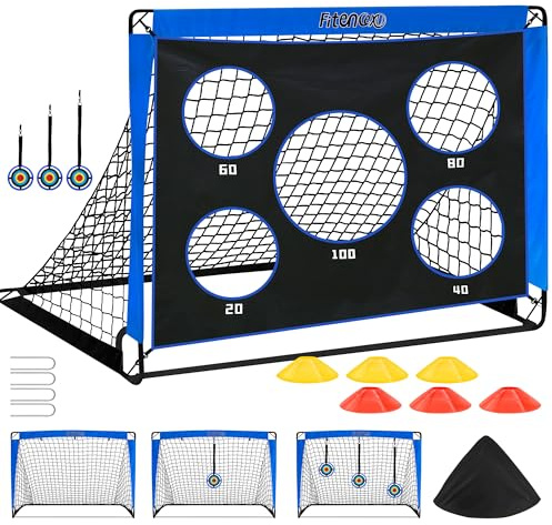 Fussballtore für Garten Kinder Fußballtor Gate Outdoor Kinder Tor mit Torwand für Fussballtor, 3-in-1 Pop-Up Tor mit 5 Schusslöchern, Zielscheiben, Hindernissen, Tragetasche, Bodennägeln (Blau)