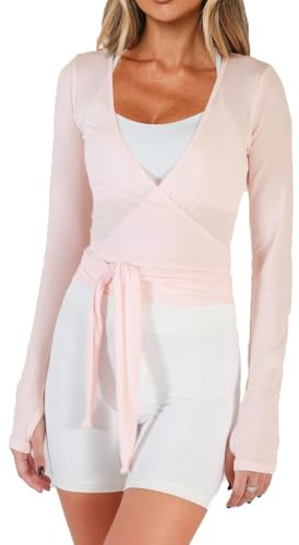Dancenter Women Crop Wrap Top Thumb Hole Long Sleeve Active Self Tie Workout Shirt Ballet Pilates Yoga Wrap Tops (US, Alpha, Small, Regular, Regular, Pink)