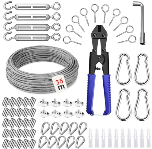 Ulluthu 35 M/3 mm Kit di Cavi in Acciaio Inossidabile, Tenditore Cavo in Acciaio Inox 74 kit per Funi Metalliche con Tagliacavi, Manicotti, Ditali, Clip per Lamp Filo Stendibiancheria Tende Giardino
