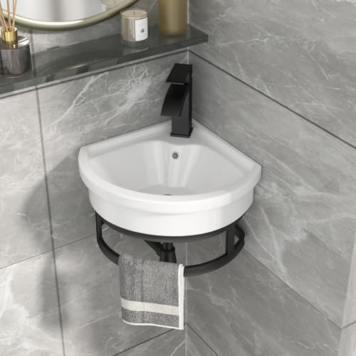 GhomeG Wall Mount Corner Bathroom Sink with Towel Rack 16x15 Inch | Ceramic Bathroom Floating Sink White Vessel Sink with Overflow, Wall Hung Wash Hand Basin