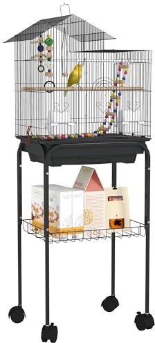 PawHut Cage à Oiseaux sur Roues 46 x 36 x 120 cm 2 mangeoires 2 perchoirs étagère Cage pour Perruche calopsitte Conure Pinson canaris
