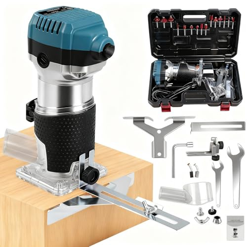 Överfräs, trimmer, enhandsfräs, kantfräs, träfräs, multifunktionsfräs, 1000 W + hårdmetallfräser, 15-deligt, 6,35 mm-set + 1-deligt, 8,00 mm, 30 000 varv/minut