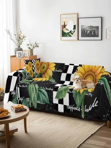 Sunflower Sofa Cover Blanket Couch Covers for Armchair Cushion,Couch Sofa Silpcover with Tassel,Yellow Flowers Black White Plaid Retro Art Living Room Bedroom Throw Towel Blanket Covers XX-L 71x150