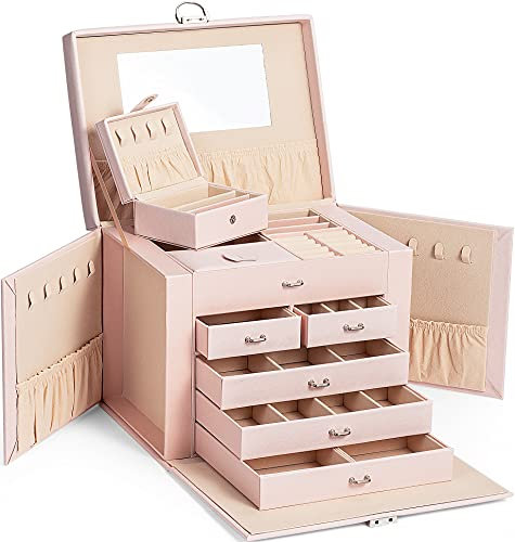 XMHome Schmuckkasten Schmuckkoffer groß abschließbar 5 Ebenen mit 5 Schubladen mit Spiegel für Ringe Ohrringe Halsketten und Armbänder elegant und klassisch Rosa3