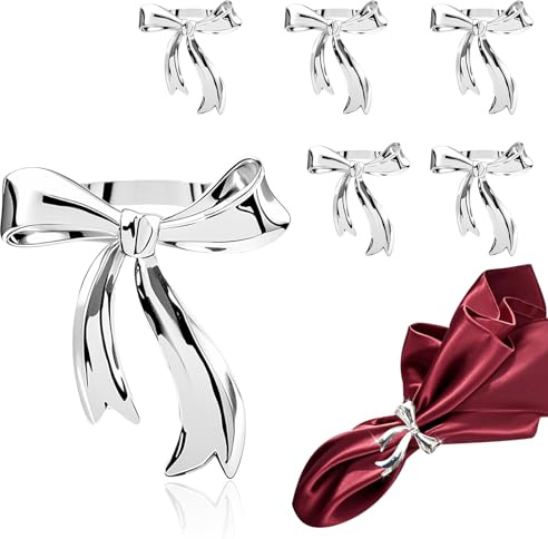 Davifina Silverrosett servettringar set med 6 metallrosett servettringar för alla hjärtans dag bröllop bankettdekor, elegant fjärilsknut servettringar för semester fest födelsedag matbord inställning
