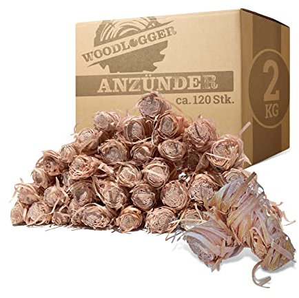 Woodlogger Holzwolle 2 kg mit Langer Brenndauer | Anzünder für Kamin, Grill, Ofen und Kachelofen | Geruchsneutrale Anzündwolle aus Holz in Wachs getränkt | Ohne chemische Zusätze