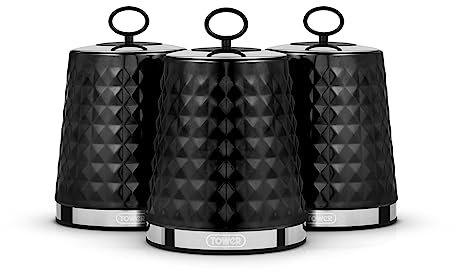 Tower T826207BLK Solitaire Set of 3 Canisters, Mirror Finished Steel Lid with Round Loop, Airtight, Black