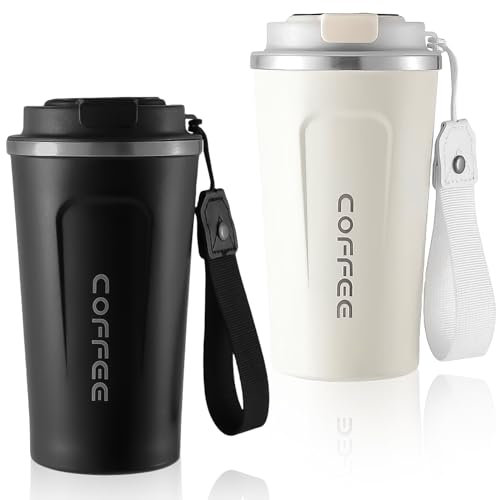 2 tazas de café para llevar, 510 ml, taza térmica de acero inoxidable, a prueba de fugas, taza de café de viaje con tapa, doble pared, aislada, taza de coche para agua, café y té (blanco y negro)