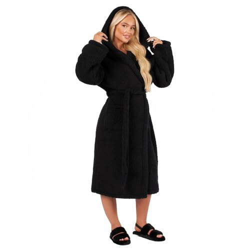 OHS Womens Dressing Gowns Teddy Fleece Black, Warm Cosy Fluffy Dressing Gown Bathrobes Women Hooded Luxury Oversized Ladies Mens Dressing Gown, One Size