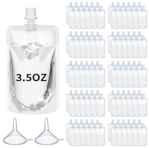 Meanplan 100 Pcs Plastic Pouches Bulk Reusable Squeeze Pouches Clear Plastic Juice Leak Proof Bags with Funnel for Party Favors Supplies(3.5 oz,Straight Mouth)