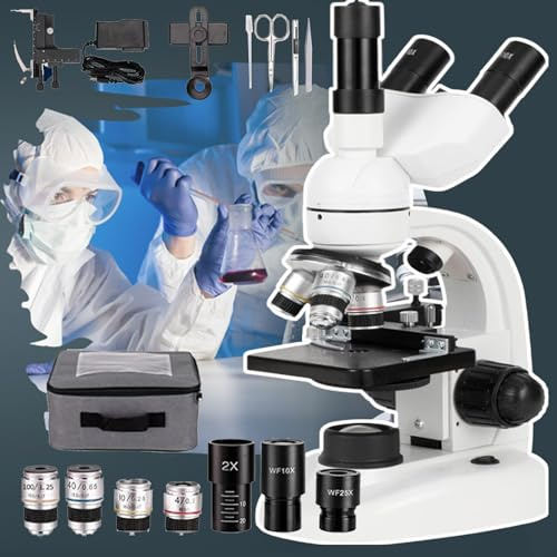 40x-5000x Professionell Lab Compound Trinocular Microscope, Mekaniskt Steg+Ultraexakt Fokusering+Elektroniskt Okular+Telefonadapter,FöR Vuxna, Barn, Studenter, Utbildning,White