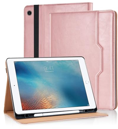 Vkooer Coque pour iPad Pro 9.7 Pouces 2016 (Modèles : A1673/A1674/A1675) Housse Cuir PU Etui de Protection avec Support Fonction et Poche de Documents, iPad Air 1/2/ iPad 9.7 2018/2017 (6/5th), Rose