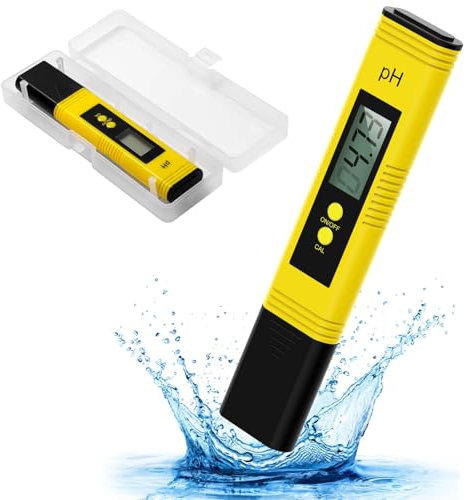 GlasFlength PH Messgerät, Digital PH Wert Messgerät mit Kalibrierpulver 0.00-14.00 Messbereich ±0.01pH Hohe Genauigkeit Wasserqualität Tester mit LCD Display für Trinkwasser Pool Aquarium (Gelb)