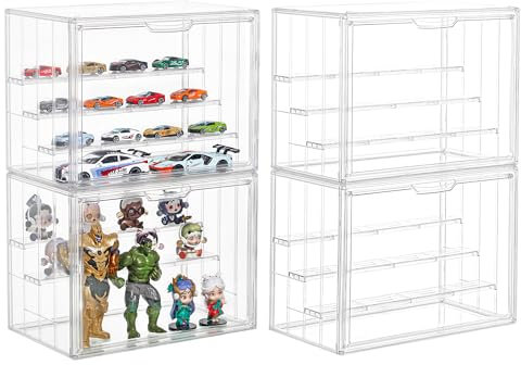 4 Pack Display Case for Collectibles 4 Layer Updated Adjustable Acrylic Display Case with Magnetic Door Clear Stackable Display Box Hobby Display Cases for Figures