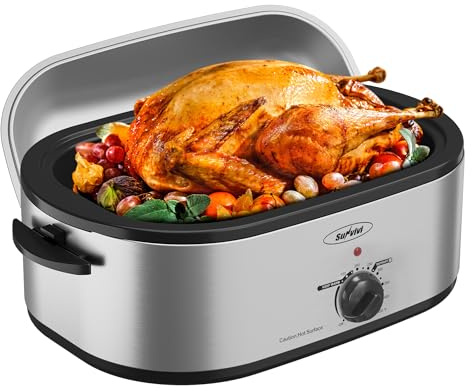 22-Quart Electric Roaster Oven with Removable Pan and Self-Basting Lid, Perfect for Turkey Roasting with Temperature Control from 150 to 450°F and Cool-Touch Handles，Silver