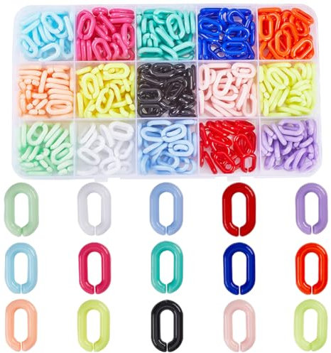 SOFPLATE 420 pz 15 colori Acrilico Maglie Catena Gioielli Anelli di Collegamento Opaco Arcobaleno Colorato Ovale Cavo Cordolo Aperto Clip Ganci Collegamento Rapido Connettore per Gioielli Creazione Co