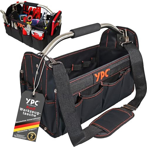 YPC Carrier Werkzeugkorb XL – Tragbare Werkzeugtasche mit stabilem Boden, Wasserfest, Reißfest, Faltbar, Schultergurt mit Polster & Metall-Handgriff, Schwarz, 40,5x30x19,5cm – 20 kg Tragkraft