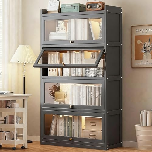 qeknxks 55 Bamboo Bookcases,Book Shelfs with Acrylic Doors,Freestanding Display Storage Shelves for Collectibles,4 Tier Tall Bookshelfs & Bookcases for Living Room Bedroom Home Office