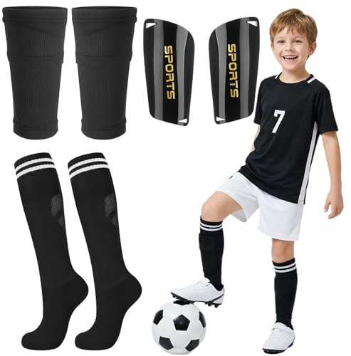 Kids Football Socks Set with Shin Pads Boys and Shin Pad Sleeves, Black Football Socks Knee High Breathable Kids Shin Pads Comfort Fit for Girls Boys Junior Soccer Training (7-12 Years)