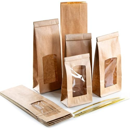 Sacchetti kraft con finestra trasparente, 10 pezzi: buste carta per alimenti con clip dorate, tè, spezie, dolci, regali fai da te, bustine blocco fondo, richiudibili, 26,5 x 8,5 x 5 cm