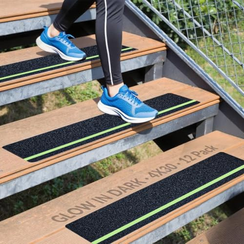 Leyibo 12-Pack 4”x30” Anti Slip Tape with Glow in the Dark Stripe, Pre-Cut Stair Treads Non Slip Traction Tape for Outdoor/Indoor, Waterproof Non Skid Tape for Stair Step, Easy to Install