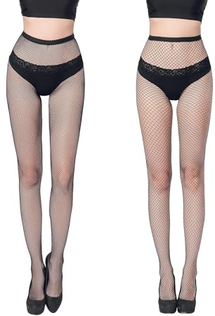 FLORA GUARD High Waist Tights Fishnet Stockings,2 Pairs of High Waist Fishnet Tights with 2 Types