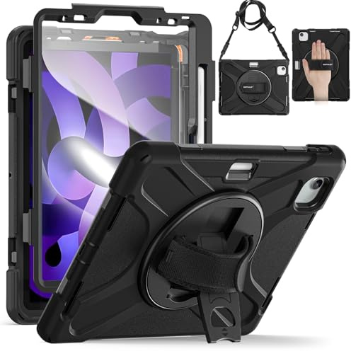 BRAECN Coque pour iPad Air 5eme/4eme Generation - Housse pour iPad Air 10.9 | Étui de Robuste avec Film Protection, Support Rotatif à 360°et Dragonne, Porte-Stylet, Bandoulière, Antichoc Housse