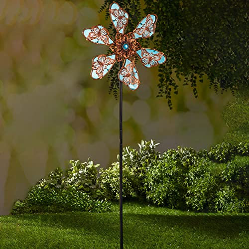 Spetebo Metall Windblume selbstleuchtend - H 80 cm - Deko Windrad phosphoreszierend - Gartenstecker Windmühle Schmetterling Ø 24 cm mit Erdspieß