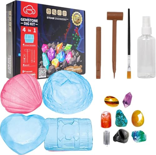 Sobebear 4Pcs Gemstone Dig Kit for Kids - STEM Crystal Excavation Set with Tools and Mining Applicator, Natural Gemstones Educational Archaeology Toy for Boys and Grils Ages 8+ Years