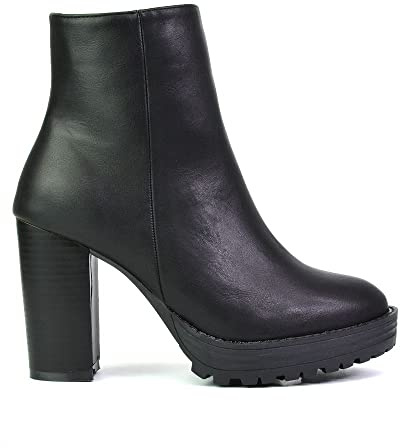 ESSEX GLAM Womens Ankle Boots Ladies Platform Block Heel Combat Biker Zip Black Synthetic Leather Booties Size 6