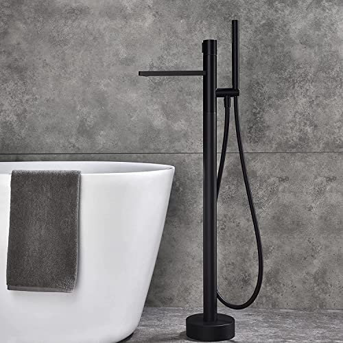 Floor Mount Bathtub Faucet, Freestanding Tub Filler, Black Finish Bathtub Faucet Standing High Flow Freestanding Tub Faucets with Handheld Shower Mixer Taps for Bathroom and Outdoor Shower Enclosure