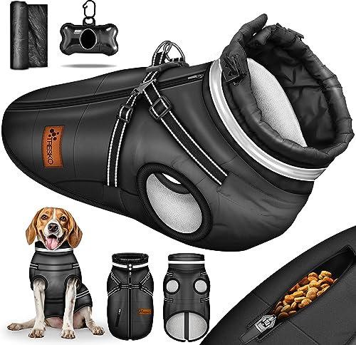 TRESKO® Hundejacke Winter mit Reflektoren inkl. 15 Stück Kotbeutel + Spender | Hunderegenmantel wasserdicht | Hundemantel mit Geschirr | Hunde Winterweste gefüttert (S, Schwarz)