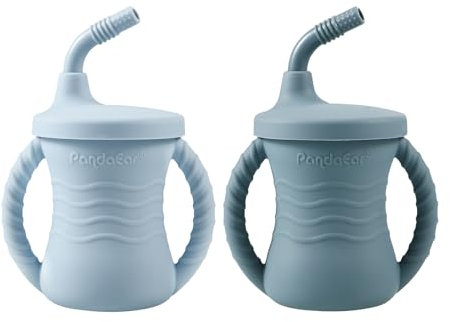 PandaEar 2 Stück Silikon Trinklernbecher ab 6 Monate mit Strohhalm und Griffen Deckel, Auslaufsicher Baby Trinkbecher Kinderbecher Schnabeltasse