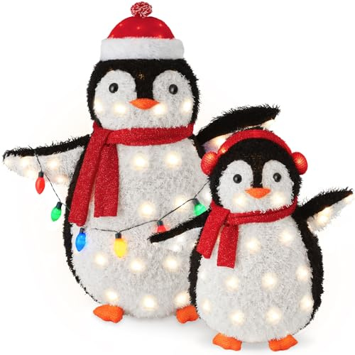 Best Choice Products 2-Piece Lighted Penguin Family, 3ft Pop-Up Outdoor Christmas Holiday Decoration w/ 150 LED Lights, Multicolored Lights - Red