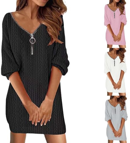 Générique Robe Pull Femme Col V Ample Unie Épaissie Crochet en Maille Long Pullover Fermeture Éclair Tricot Robe De Noël À Manche Longue Robe De Soirée Couleur Mini Robe Sweat