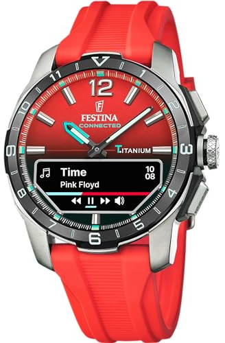 Festina Montre Connectée Hybride Homme - Bracelet Caoutchouc Rouge - Suivi Pas, Musique, Notifications - Autonomie 10 Jours - F23000/6 Connected D